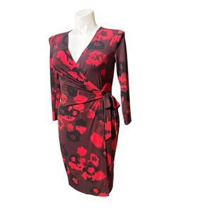 Anne Klein Red Floral Faux Wrap Dress Long Sleeve Size M